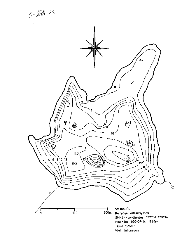 Djupkarta för Svinsjön i Kungsbacka — Svinsjön — blad 3-2833 (SMHI Vattenwebb)