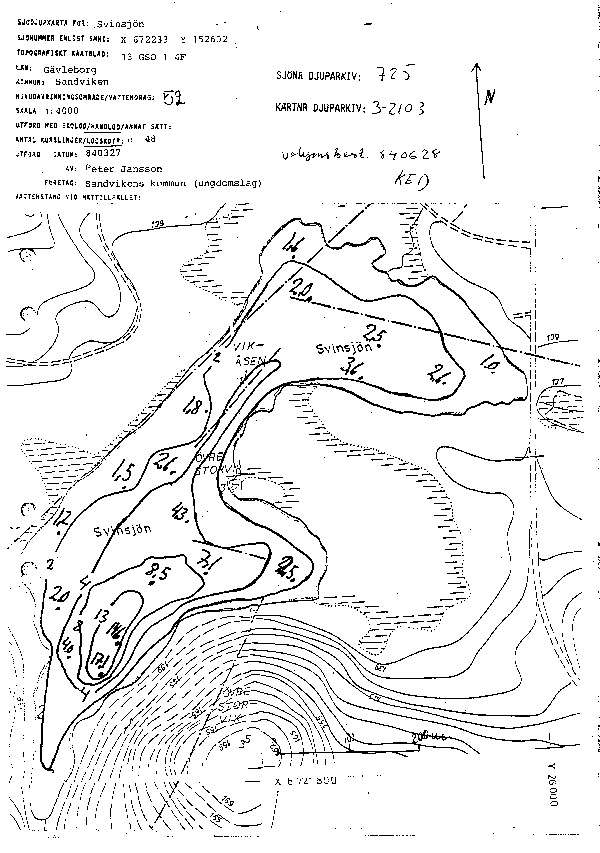 Djupkarta för Svinsjön i Sandviken — Svinsjön — blad 3-2103 (SMHI Vattenwebb)