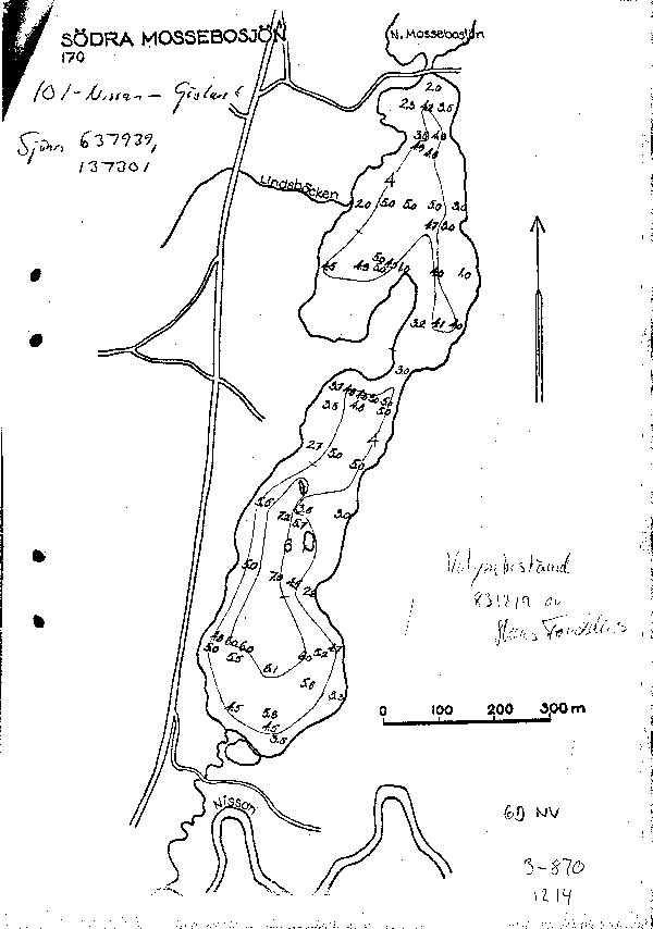 Djupkarta för Södra Mossebosjön — Södra Mossebosjön — blad 3-0870 (SMHI Vattenwebb)