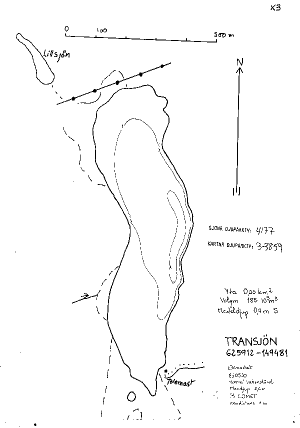Djupkarta för Transjön i Torsås — Transjön — blad 3-3859 (SMHI Vattenwebb)