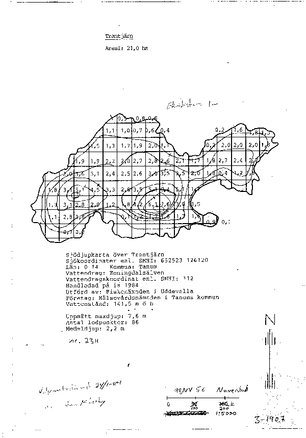 Djupkarta för Trantjärn i Tanum — Trantjärn — blad 3-1907 (SMHI Vattenwebb)