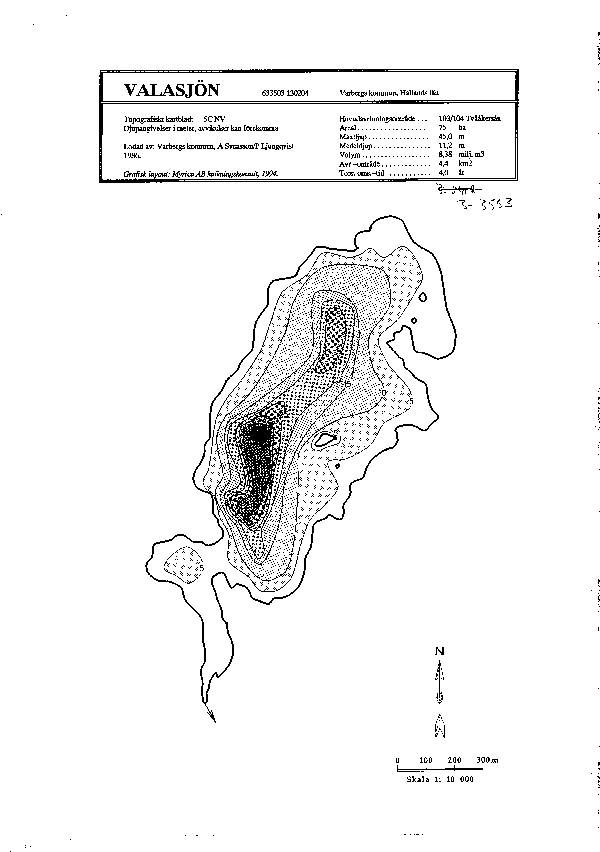 Djupkarta för Valasjön i Varberg — Valasjön — blad 3-3553 (SMHI Vattenwebb)