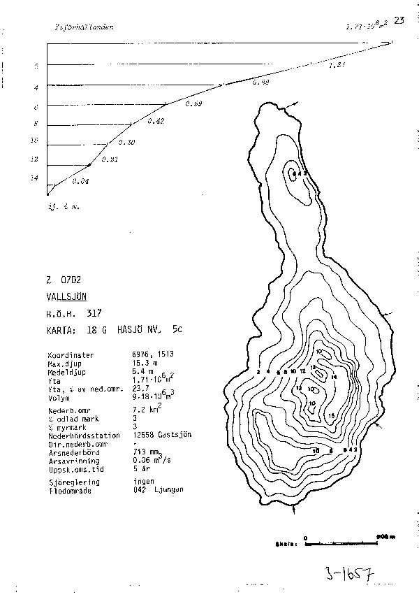 Djupkarta för Vallsjön i Bräcke — Vallsjön — blad 3-1657 (SMHI Vattenwebb)