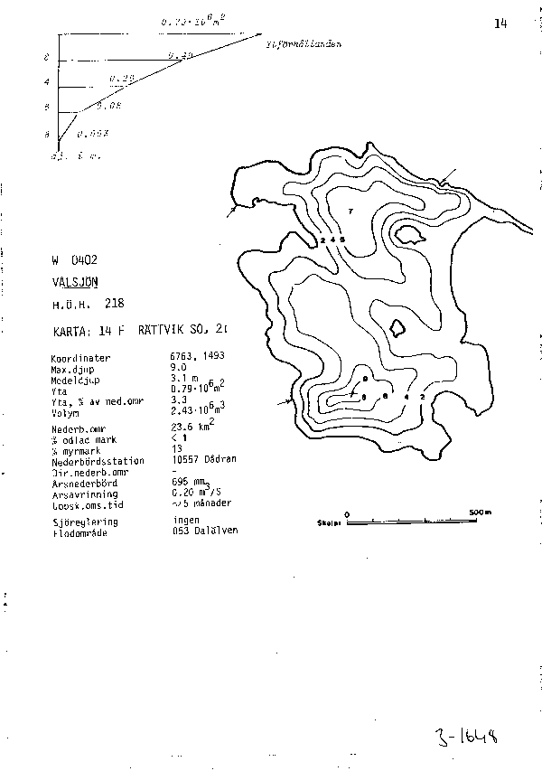 Djupkarta för Vålsjön — Vålsjön — blad 3-1648 (SMHI Vattenwebb)