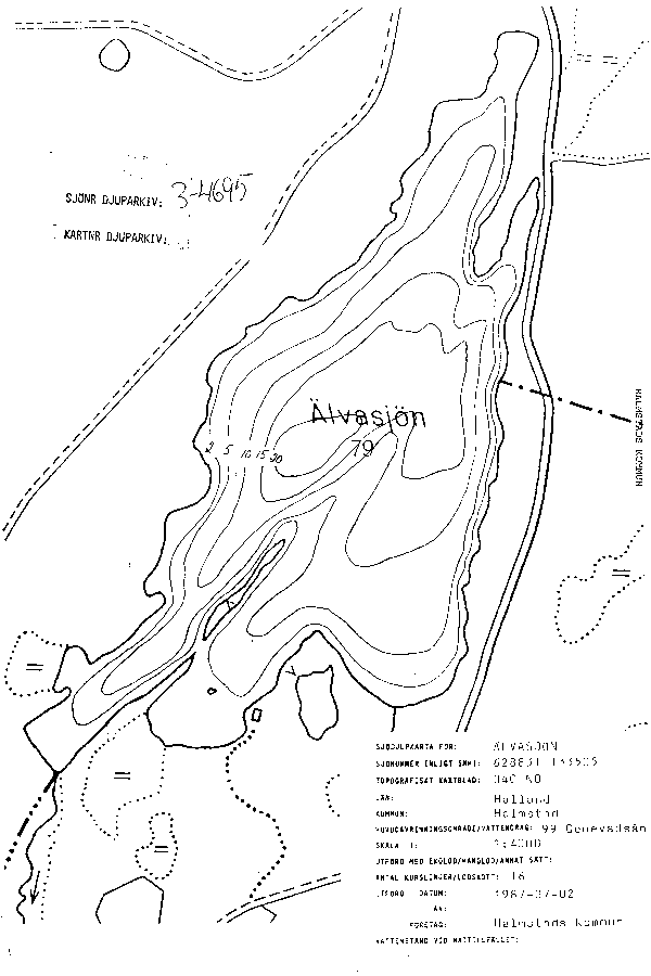 Djupkarta för Älvasjön i Halmstad — Älvasjön — blad 3-4695 (SMHI Vattenwebb)