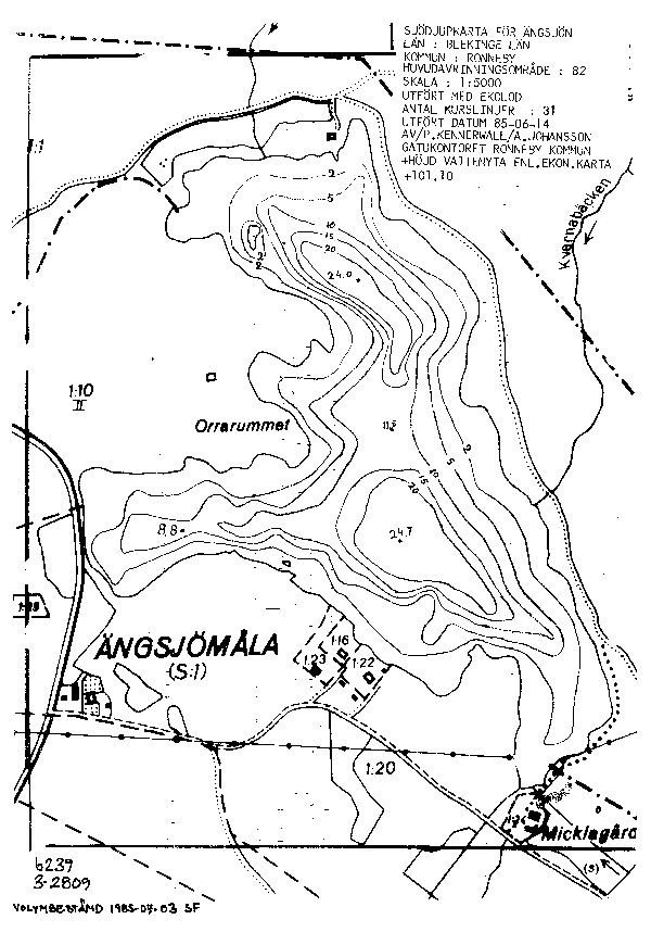 Djupkarta för Ängsjön i Ronneby — Ängsjön — blad 3-2809 (SMHI Vattenwebb)
