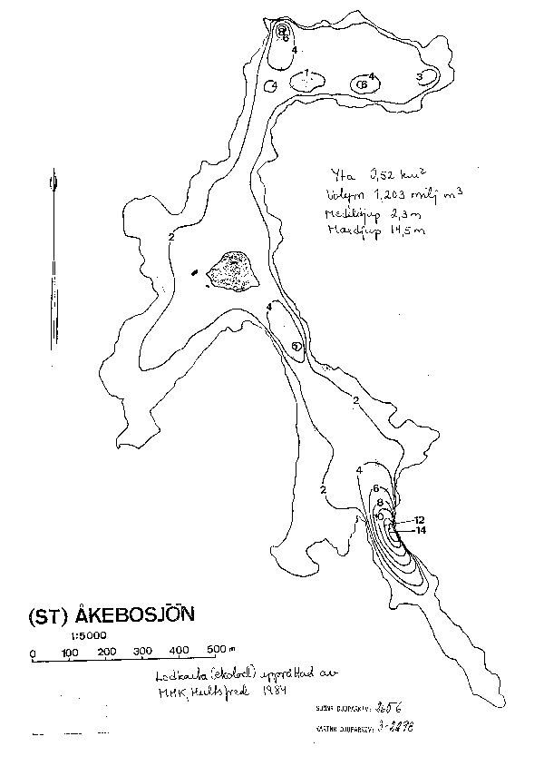 Djupkarta för Åkebosjön — Åkebosjön — blad 3-2298 (SMHI Vattenwebb)