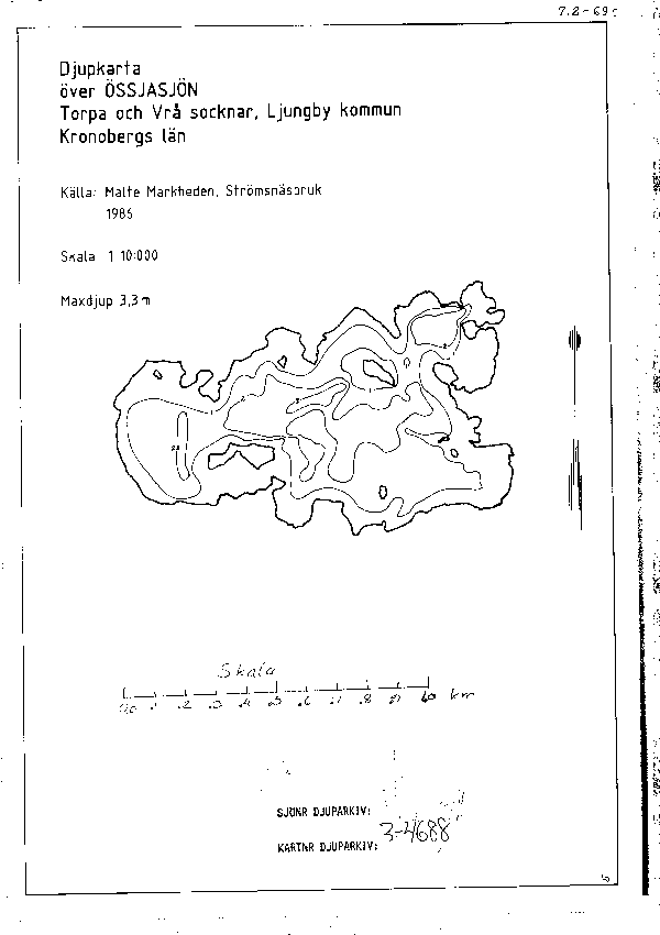 Djupkarta för Össjasjön — Össjasjön — blad 3-4688 (SMHI Vattenwebb)