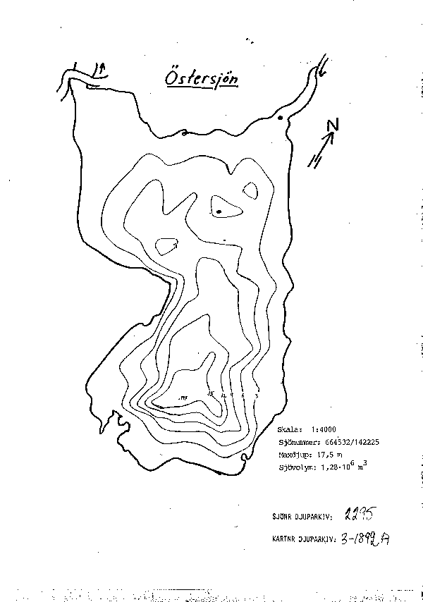 Djupkarta för Östersjön i Hällefors — Östersjön — blad 3-1892 (SMHI Vattenwebb)
